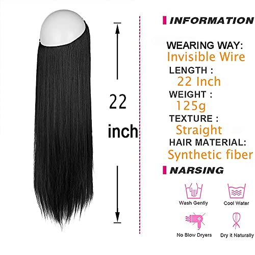 Hair Extensions Dark Black Long Straight Synthetic Hairpieces 22 Inch 4.4 Oz Secret Wire Headband For Women Heat Friendly Fiber No Clip #TOP4