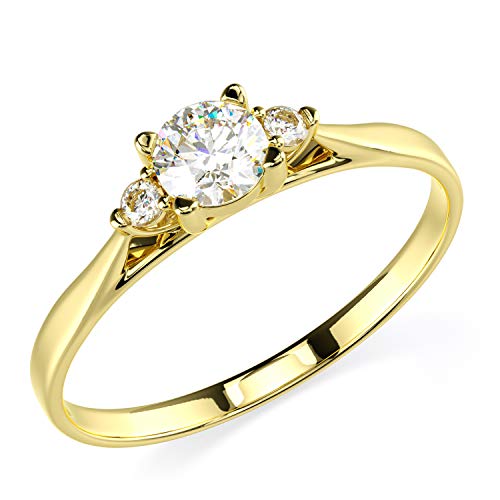 14K Yellow Gold Round Center Stone White CZ 3 Three Stone Engagement Ring4