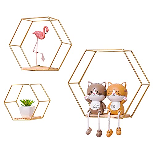 Morobor Lot de 3 étagères murales hexagonales flottantes de différentes tailles avec cadre en métal doré et plancher en bois pour rangement mural et affichage dans un style moderne chic Cover