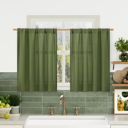 Image of LAMIT Olive Green Linen Curtains 30 Inch Length 2 Panels for Kitchen Cafe