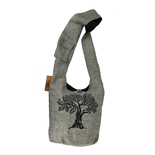 Fair Trade Large Sling Crossbody Shoulder Bag Purse Hippie Hobo Gypsy Bohemian, Grey Tree #TOP6