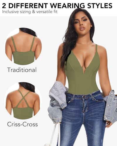 Image of SHAPERIN Bodysuit for Women Shapewear Tummy Control Deep V Neck Plunge Sleeveless Backless Thong Body Suit Tank Top