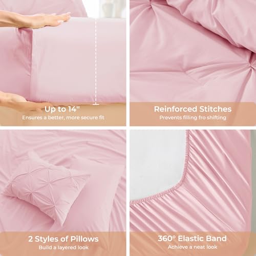 Image of Sasttie Oversized Queen Comforter Set, 7-Piece Bed in a Bag, Pintuck Bedding Sets for All Season, Includes Comforter, Flat Sheet, Fitted Sheet, Pillowcases and Pillowshams, Baby Pink