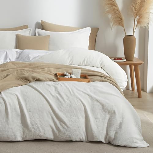 Bailix Muslin Duvet Cover Set Queen Size 100% Washed Cotton Gauze Duvet Cover for All Seasons Linen Like 3 PCS 1 Fluffy Duvet Cover(90x90) with 2 Pillow Shams(20x26) White