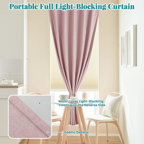 Image of 100% Blackout Self Adhesive Portable Curtains for Bedroom Easy to Install Window Thermal Lnsulated Kitchen Room Darkening Small Window Curtains, W35 x L80 inch, 1 Panel, Light Pink