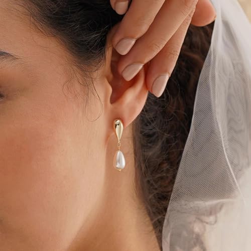 Plenky Pearl Earrings-14K Gold Plated Dangle Pearl Earrings for Women Simple Wedding Earrings for Brides Cute Water Drop Dangling Earrings Gifts