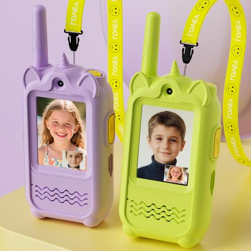 Talkie-Walkie Vidéo pour Enfants, 2 Talkies-Walkie Rechargeable avec Chat Vidéo et SMS, Jeux Intégrés, Changeur de Voix, Photographier, Cadeau de Jouet Interactif pour Garçons et Filles (Jaune+Orange