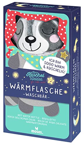 moses. Kleine Kuschelhelden Wärmflasche Waschbär, Wärmeflasche mit Überzug, kuscheliger Wärmflaschenbezug im süßen Waschbär Design, abnehmbare und waschbare Bettflasche für Babys und Kinder