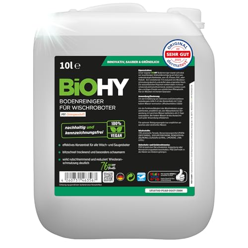 BiOHY Bodenreiniger für alle Wischroboter mit Orangenduft (10 Liter Kanister) | Schaumarm & Streifenfrei | Reinigungsmittel Konzentrat für alle Böden