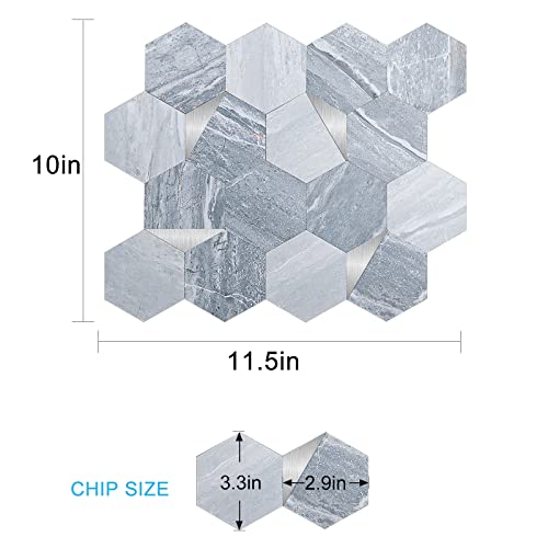 Adodecor Hexagon Tile Peel And Stick Backsplash, New Bevel Edge Finishing Grey Marble Look Pvc Mixed Metal Silver Self Adhesive Metal Mosaic Tiles，10 Sheets.(Seamless) #TOP6