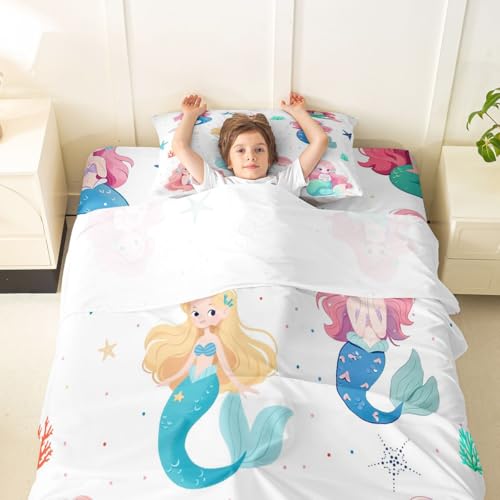Image of jejeloiu Mermaid Bed Sheets Set Twin Size Mermaid Tail Deep Pocket Fitted Sheet Sea Animal Bedding Sets Ocean Theme Soft Bed Set 3Pcs with 1 Pillow Cases