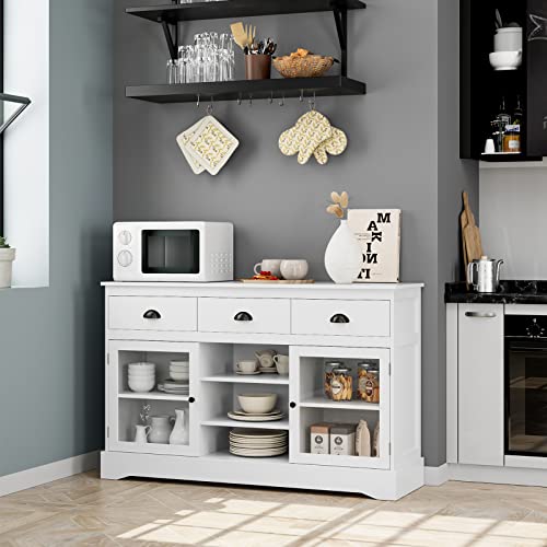 Fotosok Modern Buffet Sideboard Cabinet With 2 Glass Door, 3 Drawers And Adjustable Shelves, Kitchen Cupboard Console Table Coffee Bar Cabinet For Dining / Living Room #TOP5