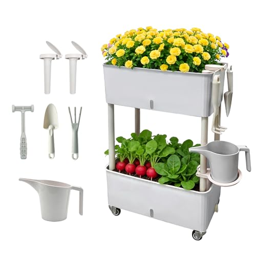 Zweistöckiges Hochbeet mit Rollen & Autobewässerung - Mobiles Kunststoff Hochbeet 46.6x25.5x70.5cm für Balkon & Terrasse - 40L Volumen 2-Wochen Wassertank Modulares Stapelsystem