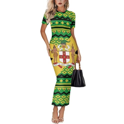 Image of Womens Short Sleeve Jamaican Flag Midi Bodycon Dress | Soft stretchy fabric,crew neck,jamaican print casual date night cocktail party, elegant chic, spring summer fall all season