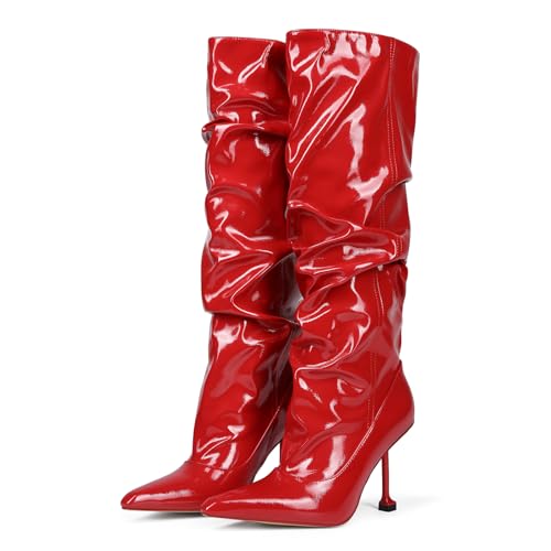Saint Leia Women's Slip On Pointed Toe High Heel Party Stylish Pleated Patent Leather Knee High Boots3