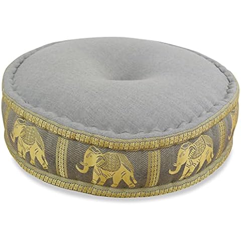 livasia Colourful Zafu Meditation Cushion for Yoga filled with 100% organic Kapok Seat Thai Silk (grey elephant) Cover