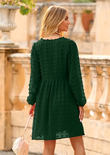 Kirundo Womens Dresses 2023 Fall Long Sleeve Mini Dress V Neck Flowy Casual Swiss Dot Loose Babydoll Maternity Dress(Dark Green, Large) #TOP4
