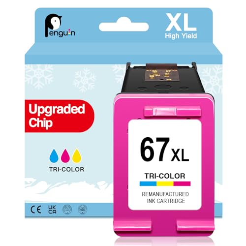 Penguin 67XL Tri-Color Ink Remanufactured for HP Ink 67 Color DeskJet 2800e Ink Cartridges DeskJet 2855e 2852e 2755e 2723e 2742e 2700 2720e 2734e 4155e 4100 Envy 6455e 6055e 6458e 6052 6400e