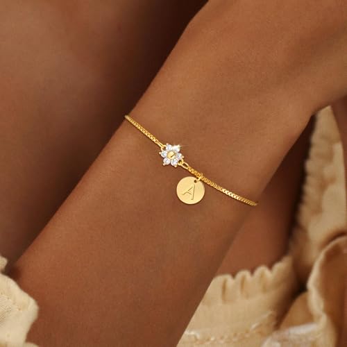 Gold Initial Bracelet for Women, Dainty Cubic Zirconia Flower Bracelet Gold Disc Letter Bracelets Personalized Gifts for Women Jewelry2