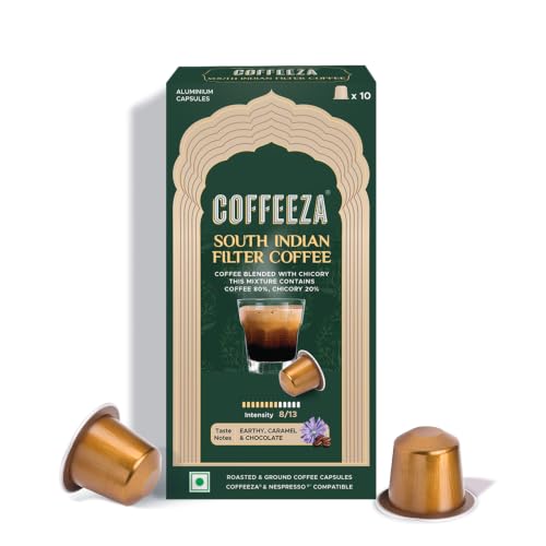 Image of Coffeeza South Indian Filter Coffee Capsules | 80% Coffee 20% Chicory Blend | Intensity 8 | Medium-Dark Roast | Caramel, Chocolate & Earthy Notes | Original Line Compatible Pods (Box of 10 Capsules)