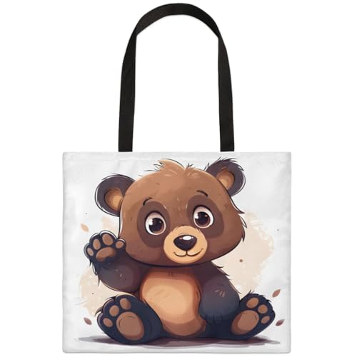 Mularoka Cute Hand Painted Bears Square Canvas Tote Bag Top Handle Purses Stylish Women Canvas Shoulder Tote Bags Reusable Handbags for Work Travel Picnic Beach Shopping Gym Hiking