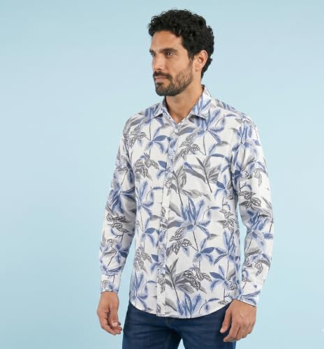 Image of UNM Men's Casual Shirt, Tropical Leaf Print on White