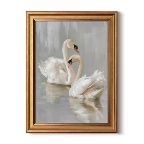 Image of HUARCEY Gold Framed Vintage Wall Art for Living Room, Animals Painting Prints Shelf Decor for Kitchen, Aesthetic Bedroom Wall Art, Best Gifts for Friends or Family - Two Swans 16L x 12W