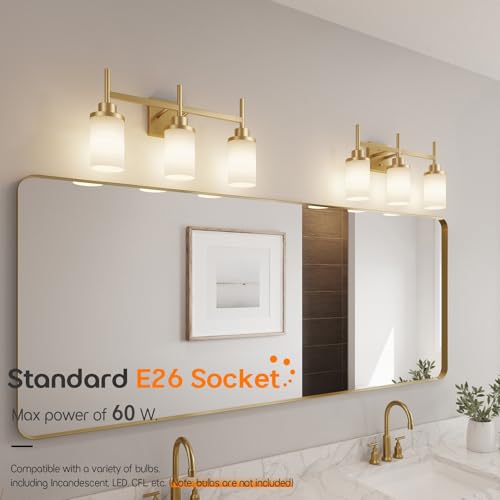 Image of Bathrom Light Fixtures Modern Gold 3 Vanity Lights Over Mirror, Wall Lamps with White Frosted Glass Shade for Toilet Washroom Bath T001GD-L3