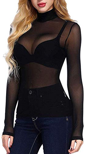 Huyghdfb Women's Sexy See Through Shirts Mesh Tops Long Sleeve Turtleneck Neck Sheer Blouse Cover