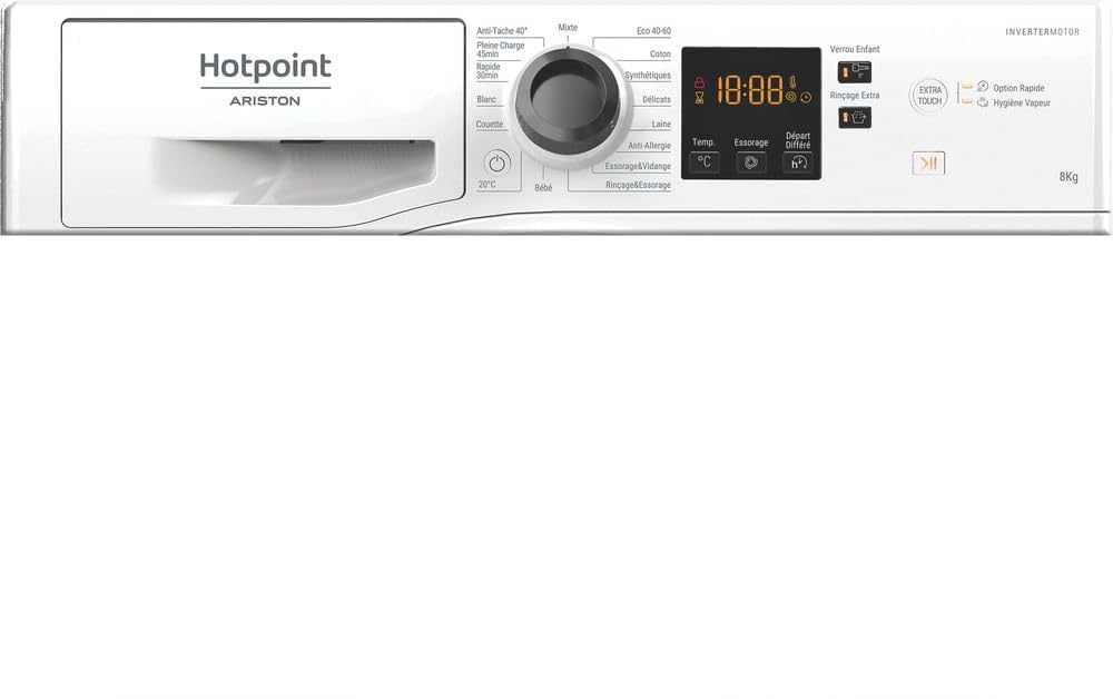 Hotpoint - NS8489WKFR Lave-linge Hublot Posable - Capacité 8kg - Essorage 1400 tr/min - Écran Digital, Pesée Automatique - H 85 x L 59,5 x P 60,5 cm - Classe Énergétique A - Blanc