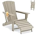 Polyhouz Folding Adirondack Chair with Retractable Ottoman,HDPE Outdoor Adirondack Chair with Cup Holder,All-Weather Lounge Chairs for Outside,Patio,Pool,Fire Pit,Brown
