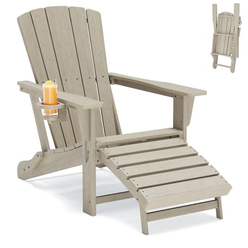 Polyhouz Folding Adirondack Chair with Retractable Ottoman HDPE Outdoor Adirondack Chair with Cup Holder All-Weather Lounge Chairs for Outside Patio Pool Fire Pit Brown