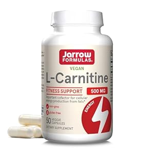 Jarrow Formulas L-Carnitine 500 mg, Dietary Supplement, Support for Cellular Energy Production, 50 Veggie Capsules, 50 Day Supply