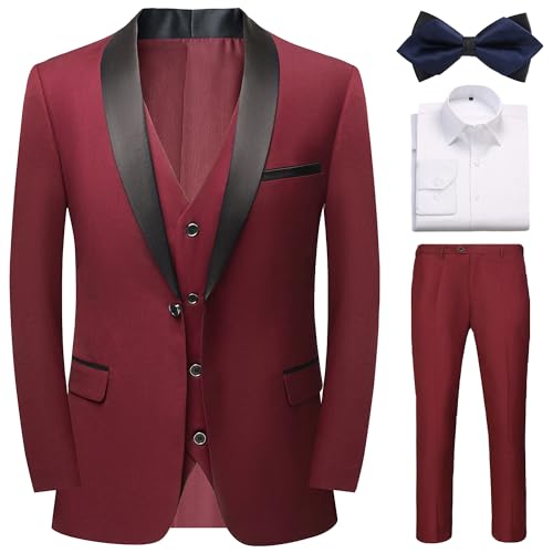 Prom Suits for Men 3 Pieces Slim Fit Shawl Lapel Tuxedo Blazer Vest Pants Shirt Bow Tie Party Wedding Business Dinner