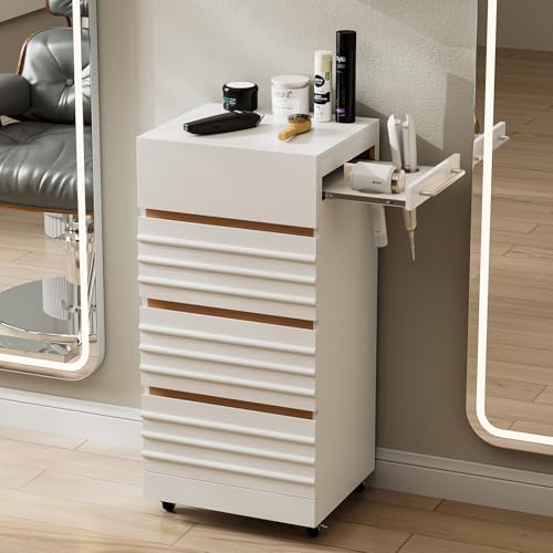 Belandi Salon Trolley Cart with Lockable Wheels, Rolling Hair Cart with 3 Dryer Holders for Hair Stylist, Wall Mount Makeup Organizer Stations Cabinet for Beauty Spa Barbershop Tattoo(White)