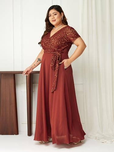 Image of Miss Chase A+ Women's Floral Printed Relaxed Fit V -Neck 3 /4Th Sleeve Georgette Maxi Dress
