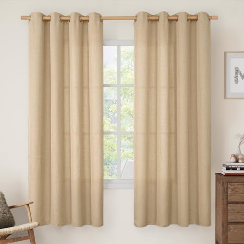 Image of LAMIT Natural Tan Linen Curtains 68 Inch Length 2 Panels Set, Grommet Thick Linen Bedroom Drapes Light Filtering Privacy Window Burlap Curtains for Farmhouse /Living Room, 52 x 68 Inch