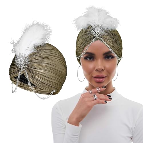 Bohend Fiore Strass Turbante cap Berretto con Perle Vintage Bonnet Pieghettato Pre-Legato Donne Spilla Piuma Copricapo Cappello (Oro)