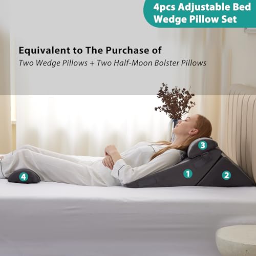 Bedluxe Adjustable 4pcs Bed Wedge Pillow Set, Memory Foam Wedge Pillows Post Surgery for Back, Neck, Leg Pain Relief, Pillow Wedge for Sleeping, Sitting up in Bed, Acid Reflux and GERD, Velvet - Thumbnail 5