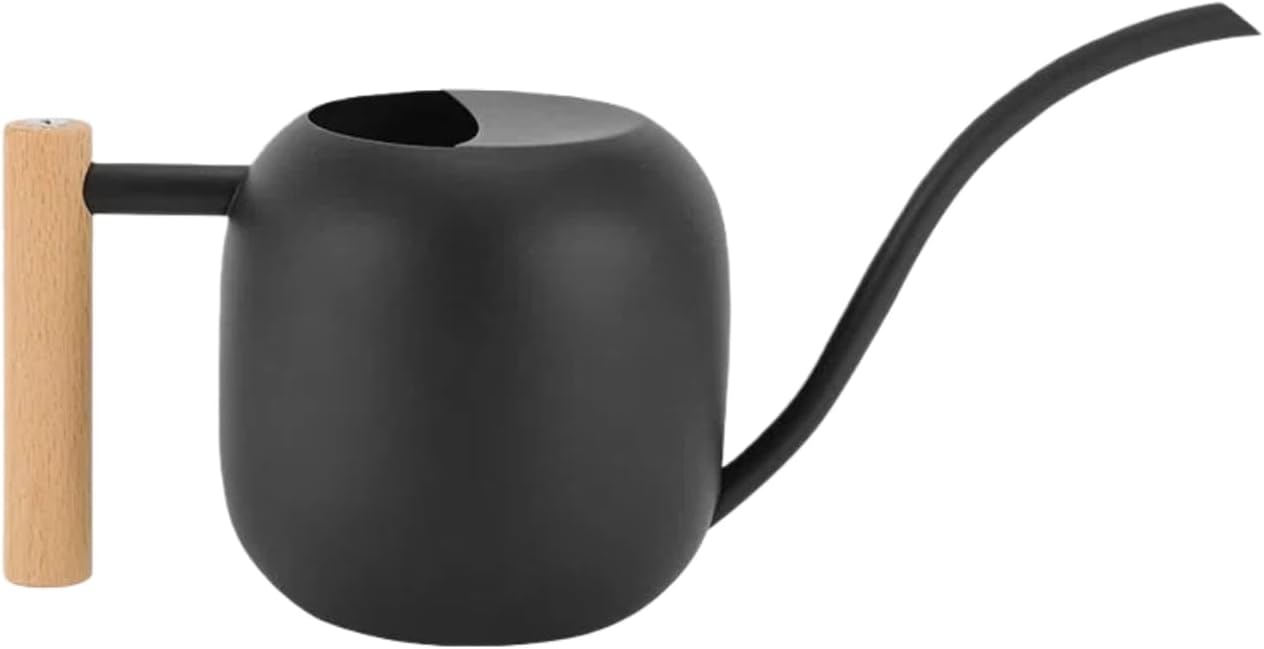 Indoor Watering Can with Long Spout, 34oz Capacity, Black Metal with Wood Handle (Black-Z1)