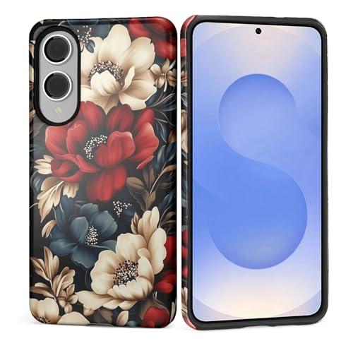 ZHEGAILIAN Case for Samsung Galaxy S25 Edge,Shockproof Hard Shell + Soft Silicone 2 in 1 Hybrid,Shockproof Bumper Drop Protective - Black Red Flowers