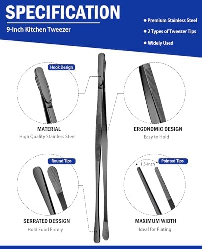 JETKONG 2 Pcs 9-Inch Food Tweezer Tongs, Stainless Steel Kitchen Tweezer Cooking Tweezers (Black)