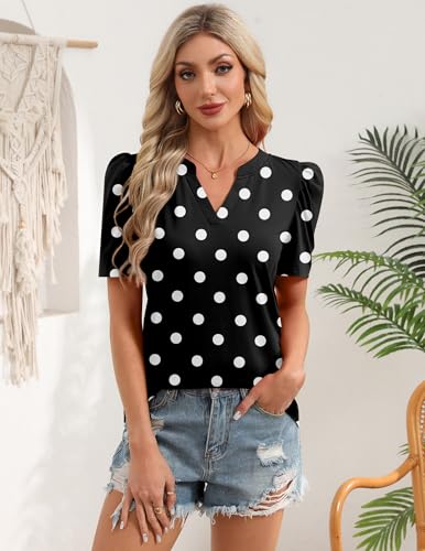 Image of Zeagoo Women Blouses Puff Short Sleeve Tops V Neck Dressy Casual Spring Shirts Boho Floral Cute Clothes 2026