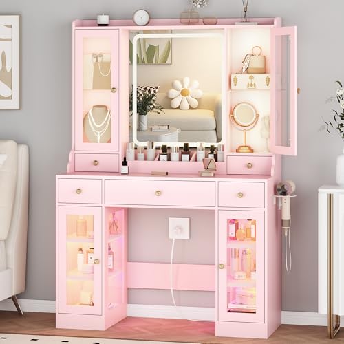 Image of HUANLEGO Vanity Desk with Mirror and Lights, Pink Vanity Mirror with Lights & RGB Glass Cabinet and 3 Drawers, Makeup Vanitys Desk with Lighted Mirror, Dressing Table for Girls Bedroom, 3 Color Modes