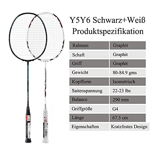 Foto von WHiZZ Sports Badminton Schläger Set Carbon Graphit 2 STK mit Federbällen, Griffbänder, Schweißbänder und Tasche, Schwarz+Weiß
