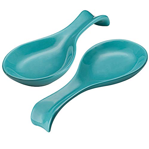 Ceramic Spoon Rest, by Kook, Utensil Holder for Stovetop, Farmhouse Kitchen & Coffee Bar Decor, Dishwasher Safe, Ladle, Tray – Set of 2 (Aqua)