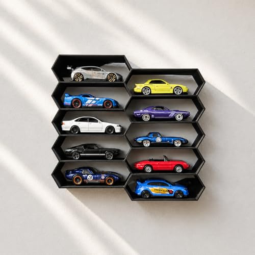 Image of 10-Car Hexagon Wall Display Rack for Hot Wheels & 1:64 Diecast Cars | Stackable Honeycomb Shelf Organizer for Toy Car Collectors & Wall Decor