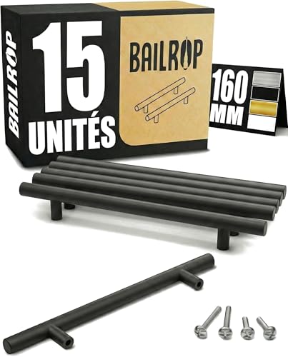 BAILROP Poignée de Meuble Cuisine Noir 160MM - Poignée Noir Meuble en Acier Inox - Poignet de Porte Cuisine et Armoire 15 UNITÉS