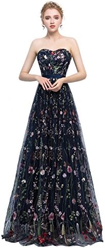 Risestaryiding Women's Formal Dress Flower Embroidery Prom Party Dress Elegant Long Evening Gown (10, 626-navy Blue)