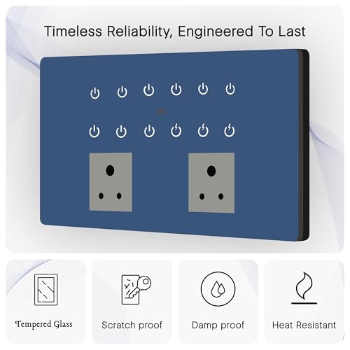 Image of IOTICS Smart Wifi Switch Board: 12 x Switch & 2 Smart Plug Module. Touch Control, Remote, App Control. Voice Control with Alexa & Assistant. Smart Touch Switch Board For Home Automation (Blue)